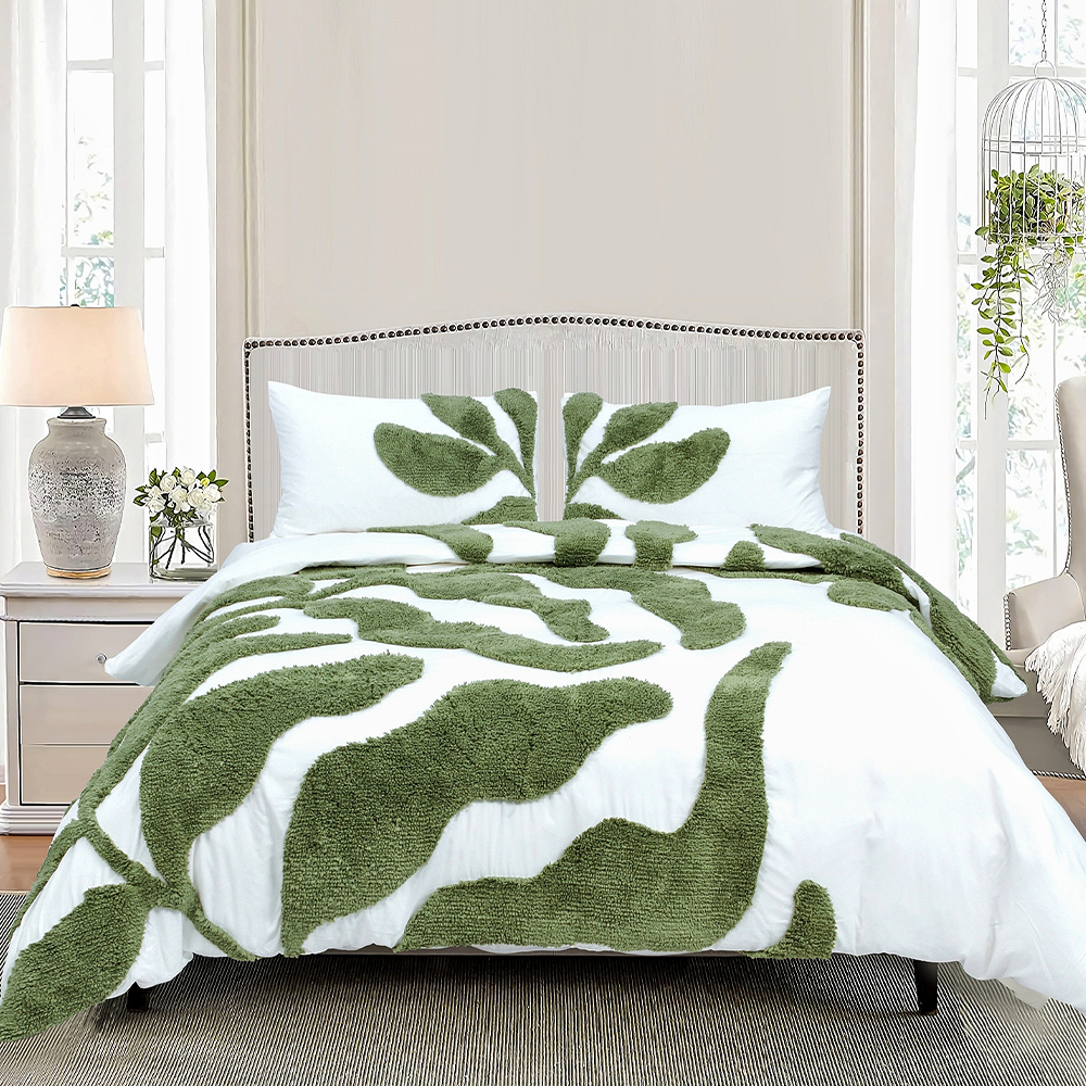Belle Botanical Large Scale Leaf Tufted Chenille Haftowana poszewka na kołdrę Zestaw poszewek na kołdrę Zestaw pościeli